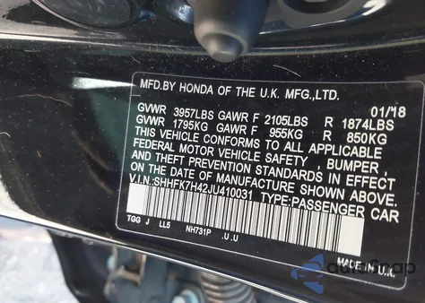 2018 Honda Civic Sport from USA, damaged, VIN SHHFK7H42JU410031